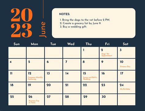 Editable June 2023 Calendar Google Docs