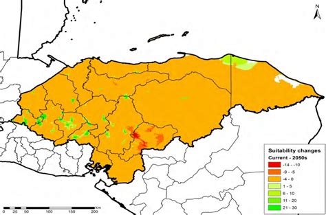 Suitability changes for maize production in Honduras comparing current... | Download Scientific ...