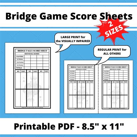 Bridge Game Score Sheets Printable Bridge Score Pad Bridge - Etsy