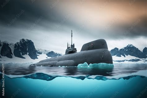 Nuclear submarine surfacing in the Arctic. Generative AI illustration ...