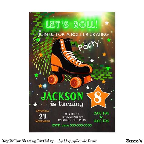 Boy Roller Skating Birthday Invitation Neon | Zazzle | Roller skating birthday party invitations ...