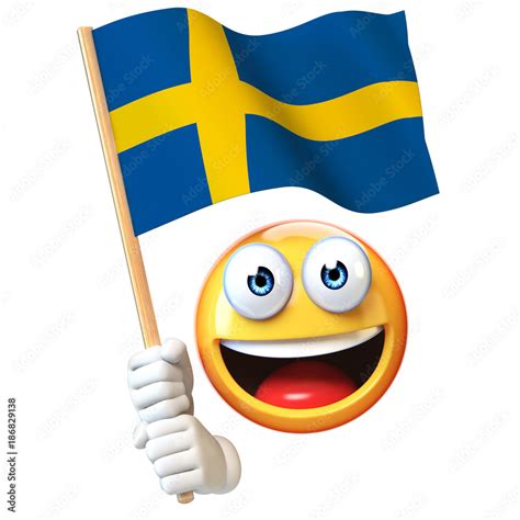 Emoji holding Swedish flag, emoticon waving national flag of Sweden 3d ...