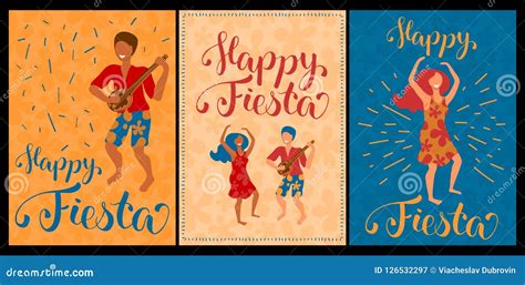 Happy Fiesta Set of Vector Cards with Dancing Couple and Lettering ...