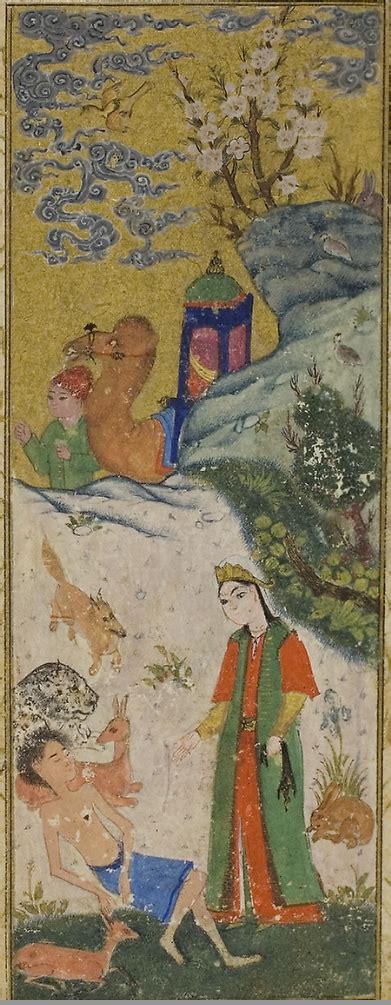 layla visiting majnun in the desert, layla o majnun (khamsa) by nizami; 16th century safavid ...