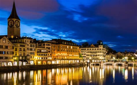 Download wallpapers Zurich, night, lights, embankment, Switzerland for ...