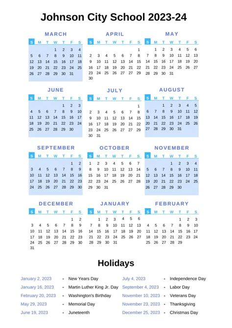 Johnson City Schools Calendar [JCS] 2023-24 with Holidays