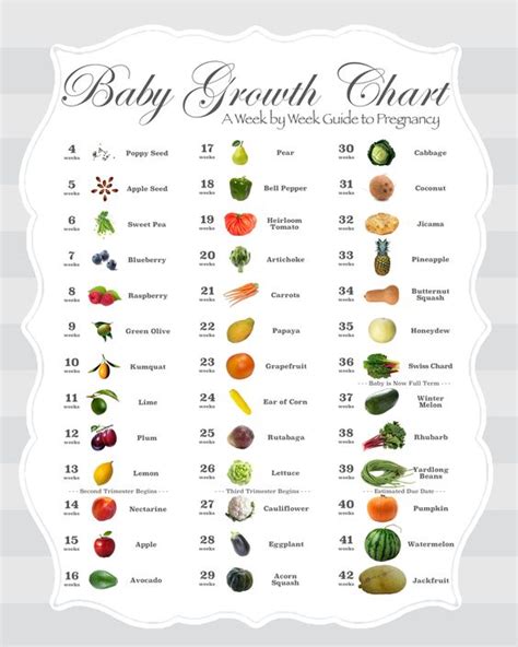 A fruit and vegetable baby size comparison chart in grey/gray. Uniquely covers all 42 possible ...