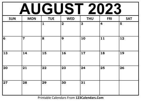 Aug 2023 Calendar - Printable Template Calendar