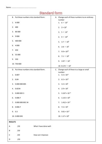 Standard form worksheet | Teaching Resources