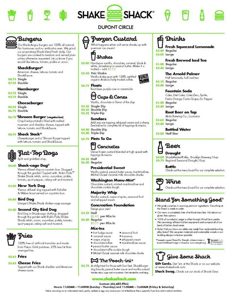 Menu at Shake Shack restaurant, Washington, 18th St NW