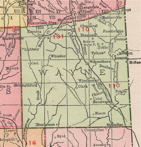 Wayne County, Mississippi, 1911, Map, Rand McNally, Waynesboro, Buckatunna, Winchester