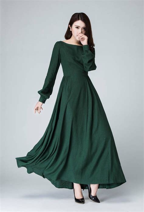 Women Vintage inspired Medieval dress, Long sleeve Linen maxi dress, Green dress, Long dress ...