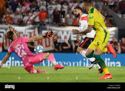 Lucas Pratto front the goalkeeper match between River Plate and Defensa ...