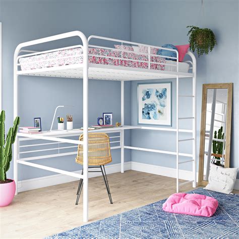 DHP Metal Loft Bed with Desk, Full Size Frame, White Metal/White Desk ...