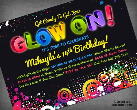 Glow Neon Black Light Party Customized Printable Invitation