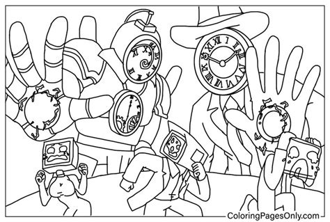 a coloring page with cartoon characters in front of a clock and two people holding their hands up