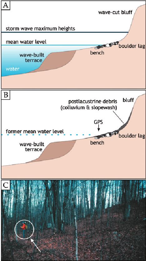 (A) Diagram of a modern wave-cut bluff during formation, showing mean ...