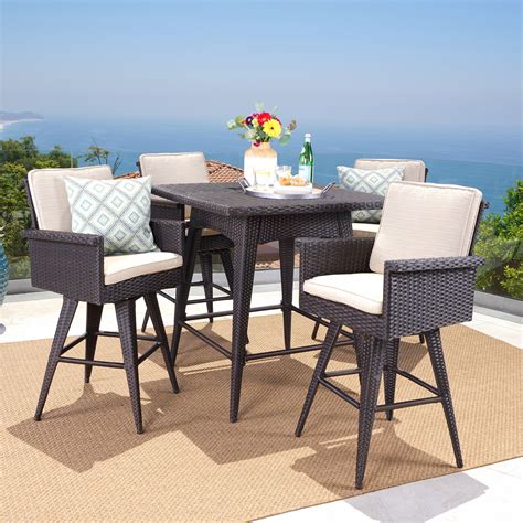 Marianne Outdoor 5 Piece Wicker Bar Height Dining Set with Sunbrella Cushions, Dark Brown, Sand ...