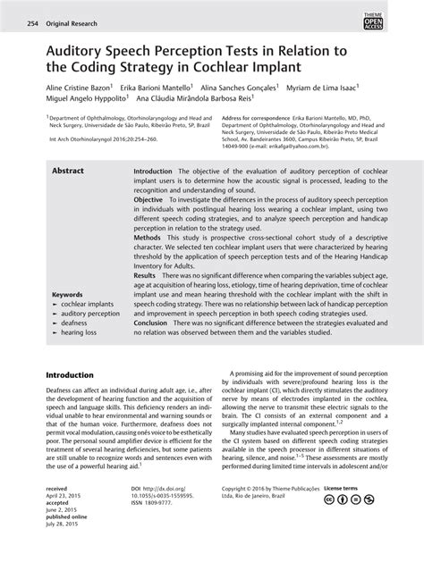 (PDF) Auditory Speech Perception Tests in Relation to the Coding ...