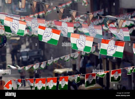 Hundreds of flags of the Indian National Congress Party, recognisable ...