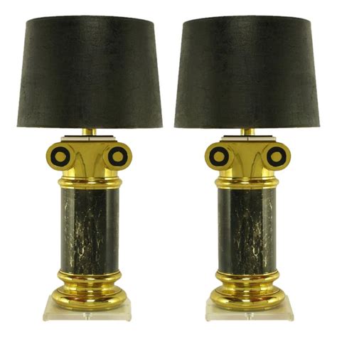 Pair Overscale Ionic Column Table Lamps In Brass and Lucite For Sale at 1stDibs