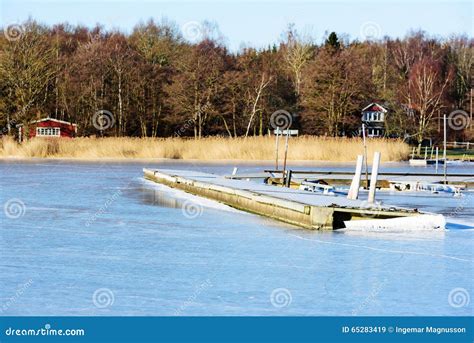 Floating bridge in winter stock image. Image of pier - 65283419