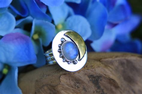 MOONSTONE MOON RING - Bespoke Sterling Silver Ring - Magic Moon - Brass Moon Jewelry - Crystal ...