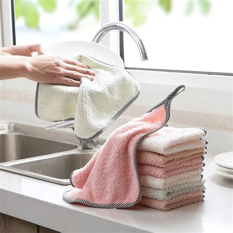 Hangable Coral Fleece Towel Kitchen Cleaning Towel Household Lint Absorbent Rag Cloth Dish Cloth ...