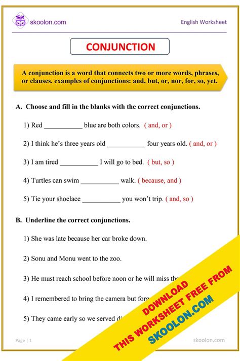 Conjunctions worksheet - 3 - skoolon.com