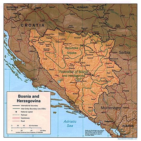 Detailed political and administrative map of Bosnia and Herzegovina with relief – 1997 | Vidiani ...