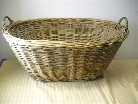Vintage Wicker Rattan Laundry Basket Oval w Handles Large Wood Bottom 29x22x11 | Vintage wicker ...