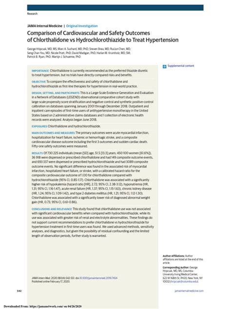 Comparison of Cardiovascular and Safety Outcomes of Chlorthalidone Vs Hydrochlorothiazide To ...