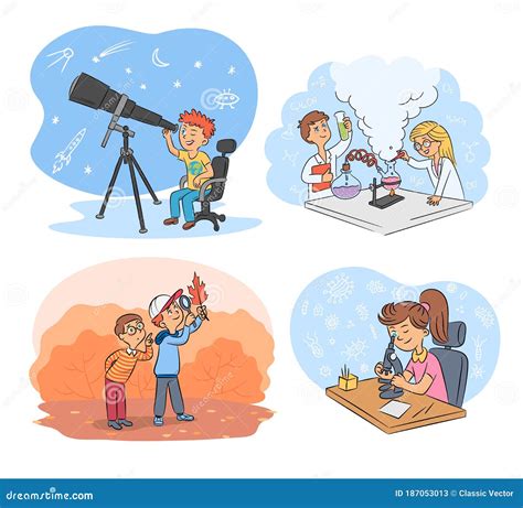 Kids Science and Exploration Cartoon Scenes Set Stock Vector - Illustration of people ...