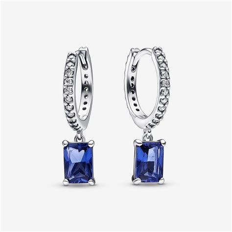 Blue Rectangular Sparkling Hoop Earrings | Sterling silver | Pandora US