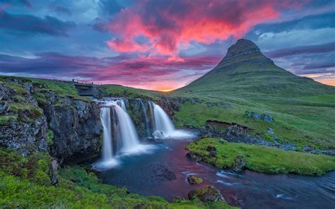 Beautiful Mountain River With Waterfall Coast Rock Green Grass Sharp Mountain Vrv.crveni Cloud ...