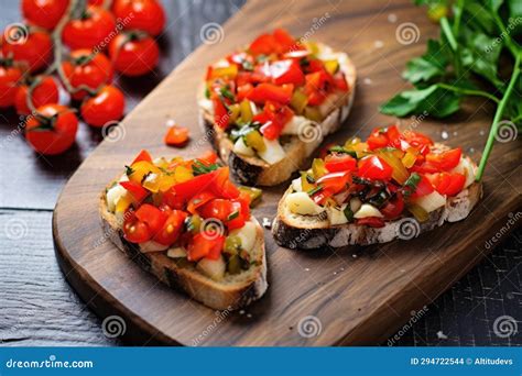 Vegan Bruschetta with Hearts of Palm and Fresh Pepper Topping Stock ...