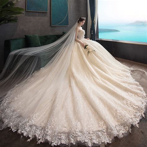 Elegant Strapless Wedding Dress Simple Lace Pearl Decorated Long Tail Wedding Gown Dress Bridal ...