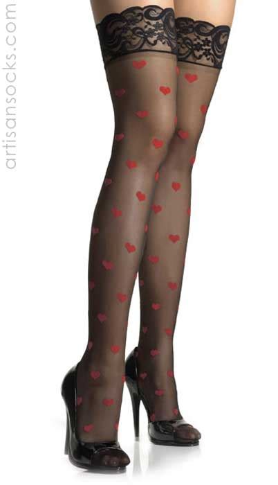 Black Thigh Hi Stockings with Woven Red Hearts PLUS SIZE