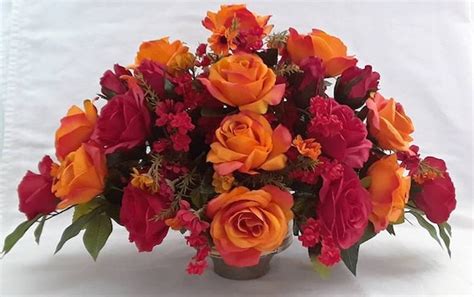 Fall Silk Flower Arrangement Orange Roses Centerpiece Red | Etsy