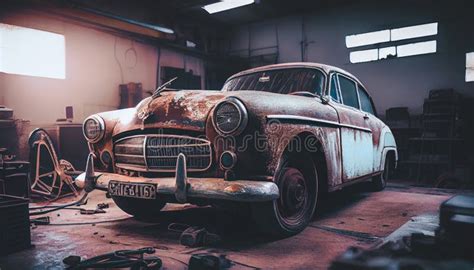 Old Car Repair Garage, Cinematic Lighting, Wallpaper. Vintage Car Inside the Garage Stock ...