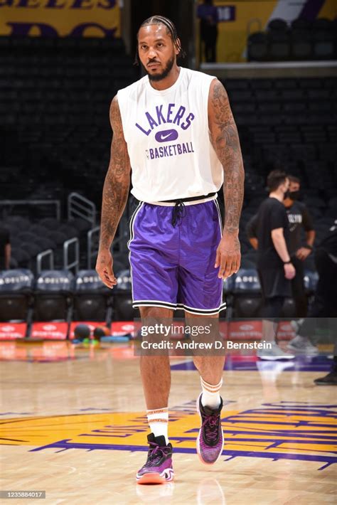 Carmelo Anthony of the Los Angeles Lakers looks on before the game ...