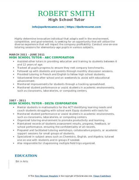 High School Tutor Resume Samples | QwikResume