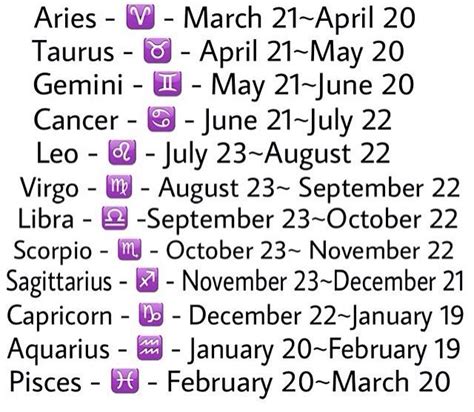 the zodiac sign for march is shown in purple and white, as well as dates