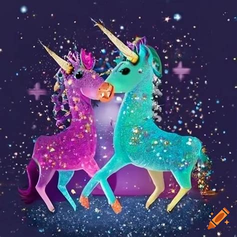 Happy unicorns surrounded by glitter on Craiyon