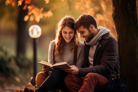 Premium AI Image | Portrait of cute couple reading a book in autumn