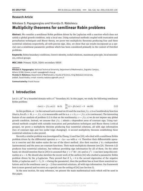 (PDF) Multiplicity theorems for semilinear Robin problems