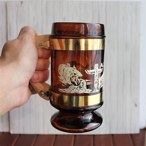 Vintage Alaska Souvenir Mug Amber Glass Beer Mug Stein with Wood Handle ...