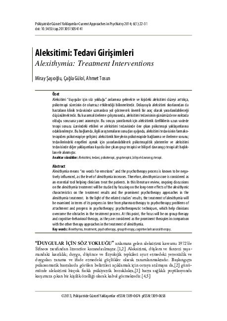 (PDF) Alexithymia: Treatment Interventions | Miray Sasioglu - Academia.edu