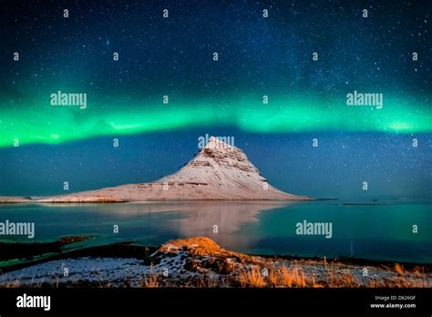 Aurora Borealis or Northern lights with the Milky Way Galaxy, Mt. Kirkjufell, Grundarfjordur ...