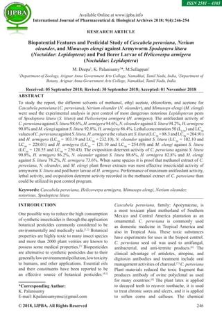 Biopotential Features and Pesticidal Study of Cascabela peruviana, Nerium oleander, and Mimusops ...